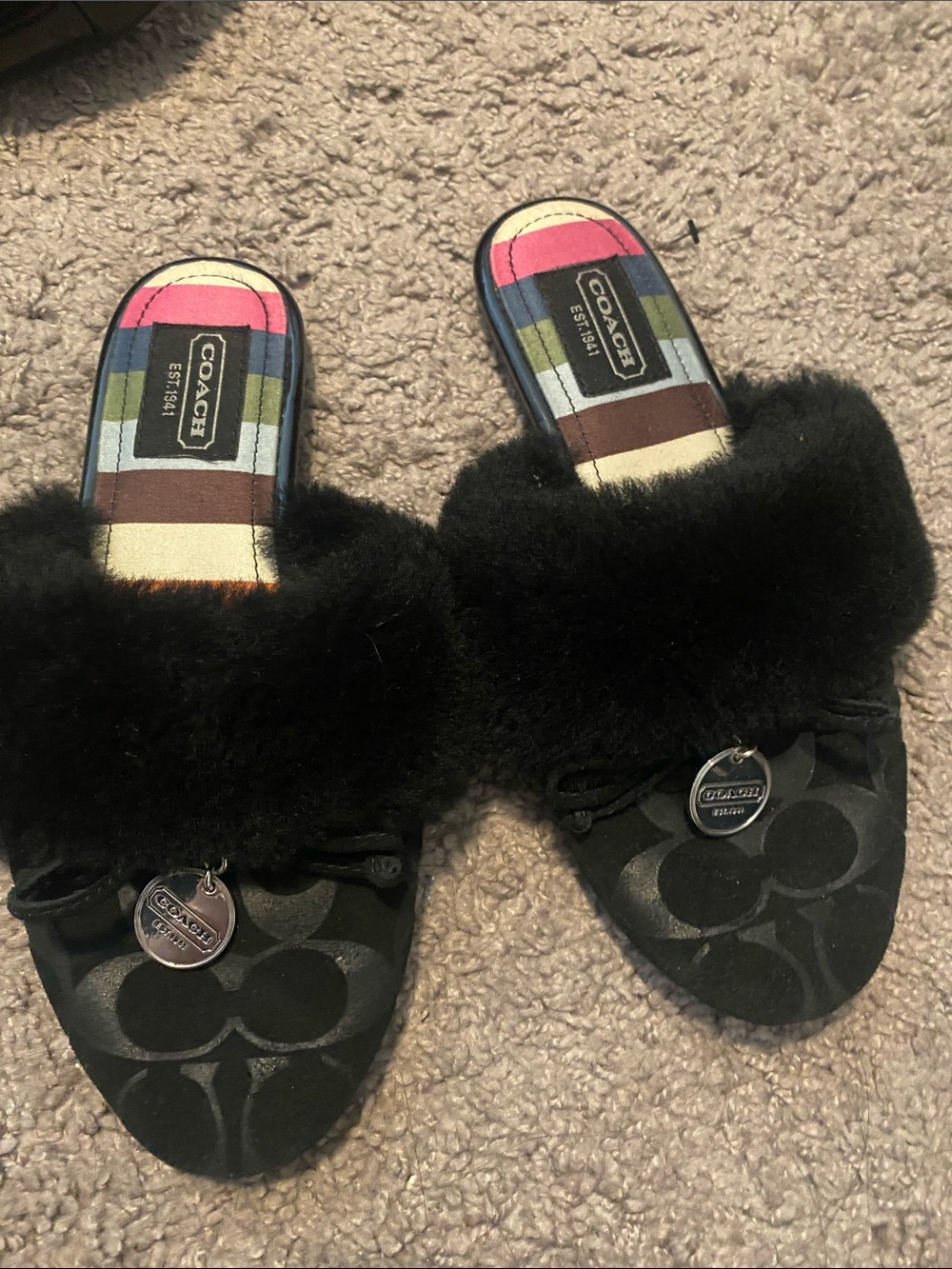 Coach Black Fur-Trim Signature Slide Sandals with Colorful Insole